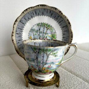 Royal Albert Birch Trees Teacup & Saucer Set With Gold Trim Vintage Bone China